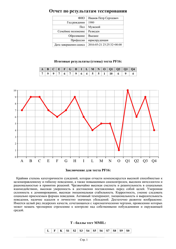 Образец заключения по результатам профессионального тестирования